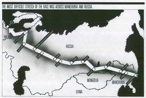 The most difficuly stretch of the race was across Manchuria amd Russia